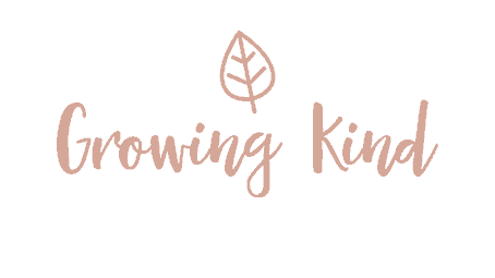 Growing Kind logo, peach text and leaf